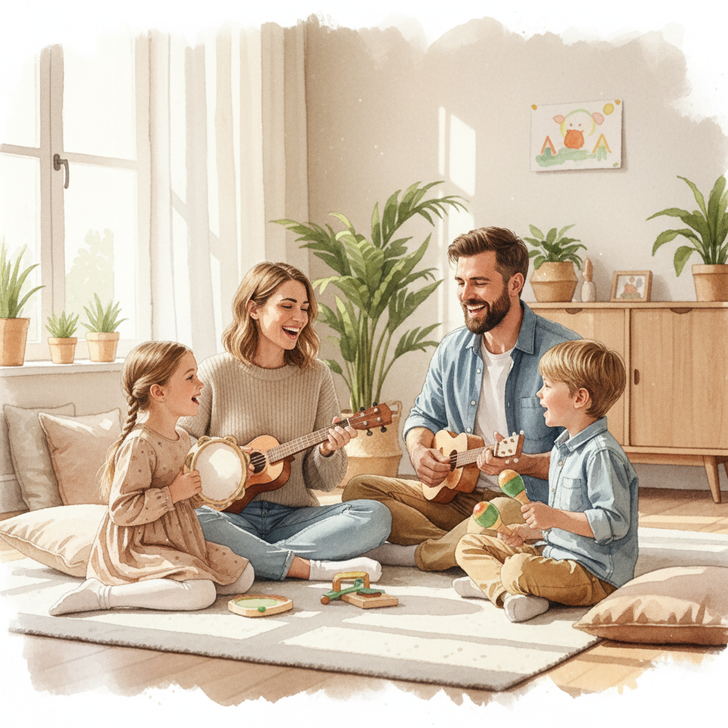 Tranh màu nước gia đình cùng hát và chơi nhạc cụ đồ chơi
