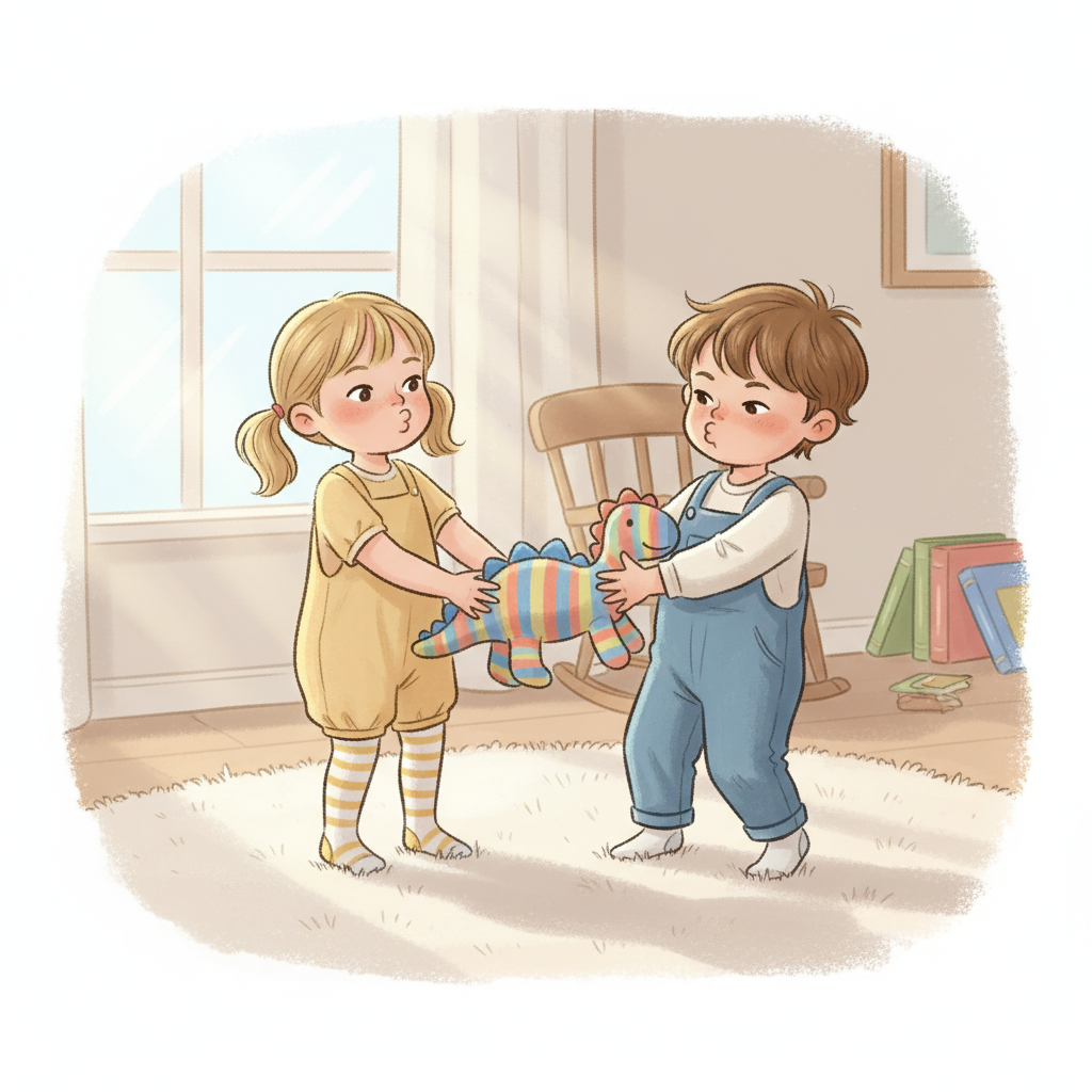 Minh họa hai anh em giành nhau một món đồ chơi