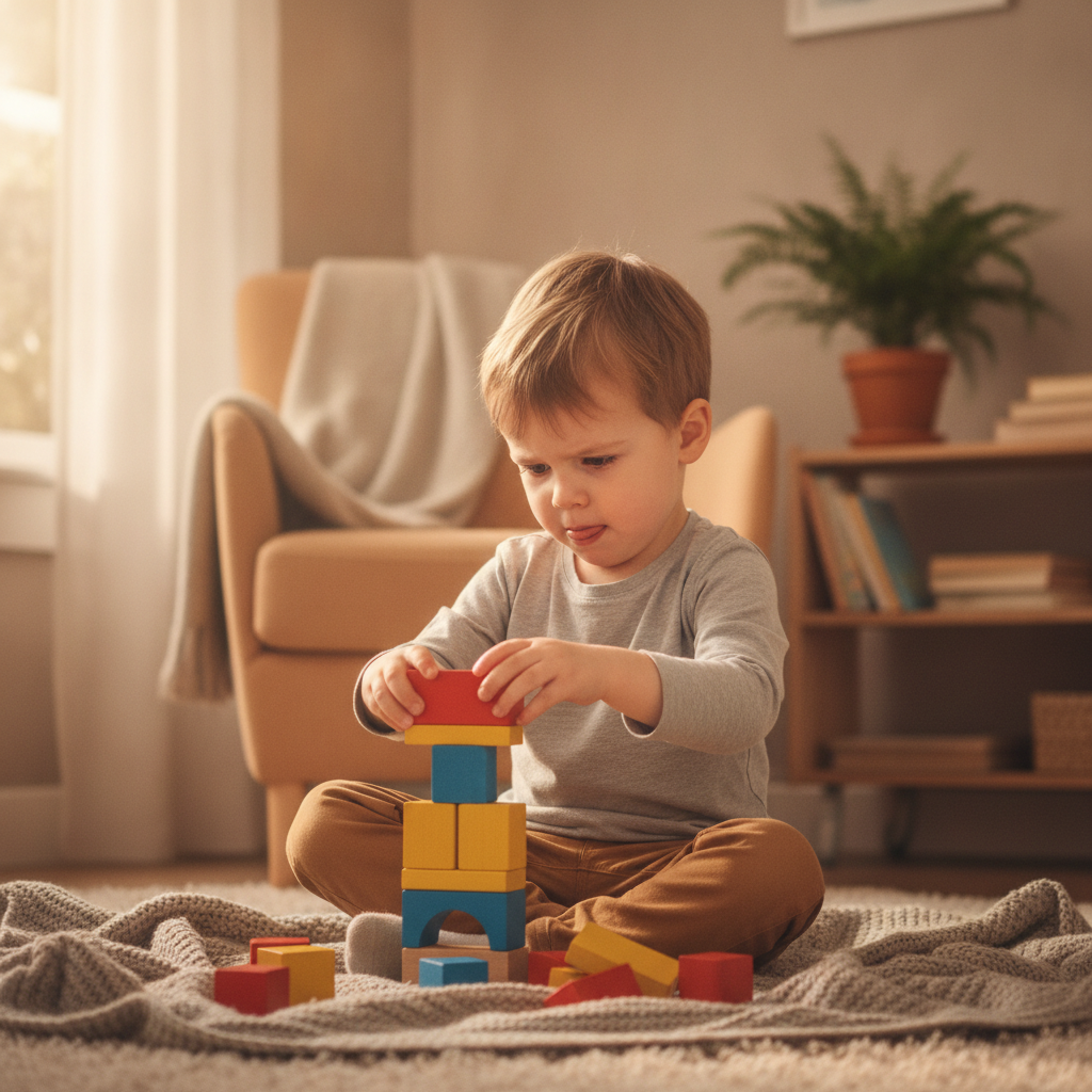 Trẻ chăm chú xếp lại tháp khối gỗ vừa đổ