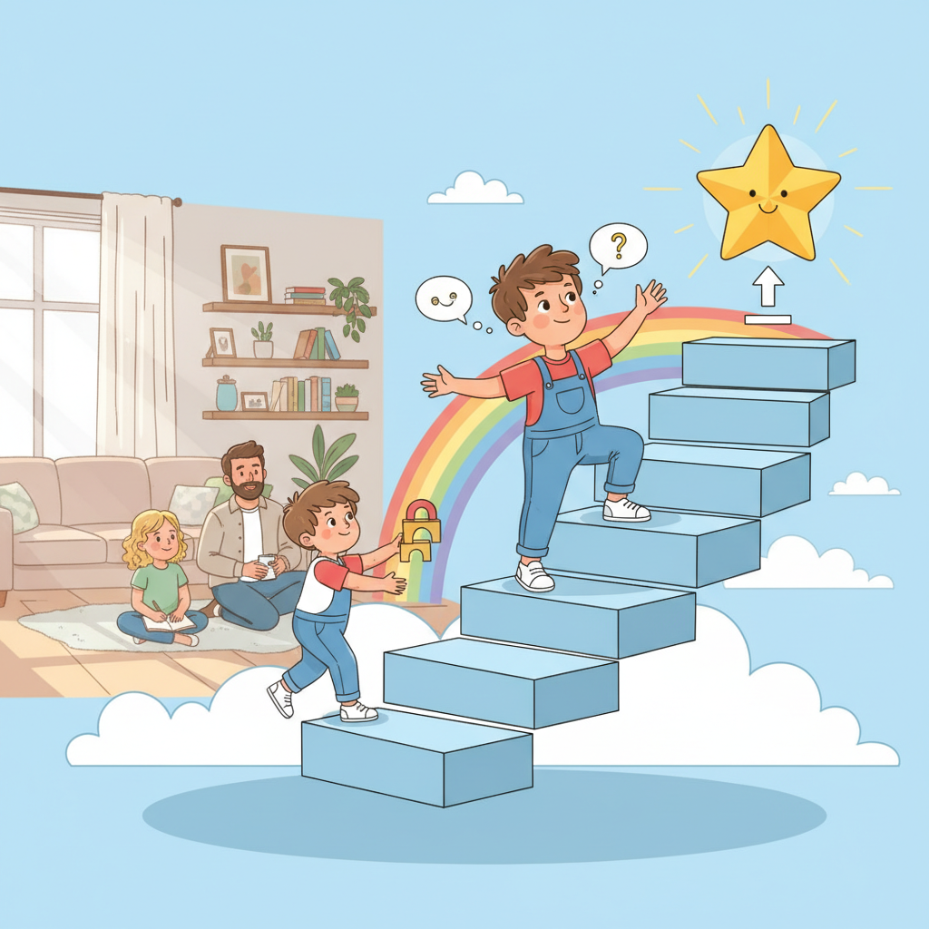Minh họa tư duy phát triển: trẻ leo từng bậc thang hướng tới ngôi sao