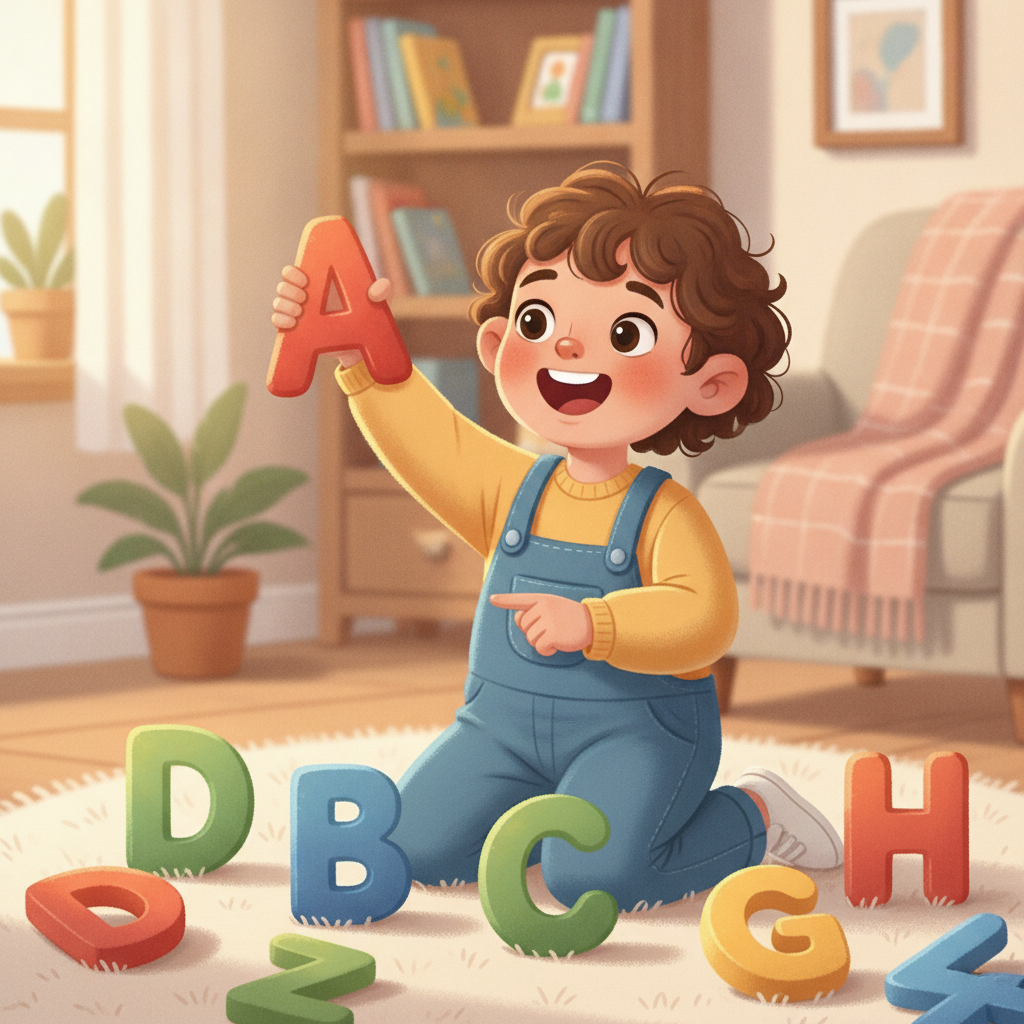 Minh họa hạot hình trẻ vui chơi với các chữ cái nhiều màu