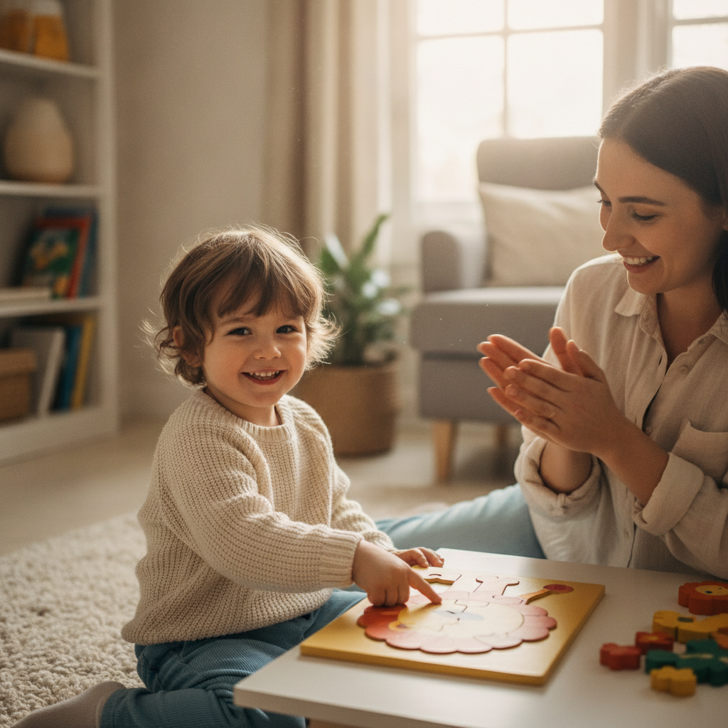 Bé tự hào sau khi kiên trì hoàn thành câu đố