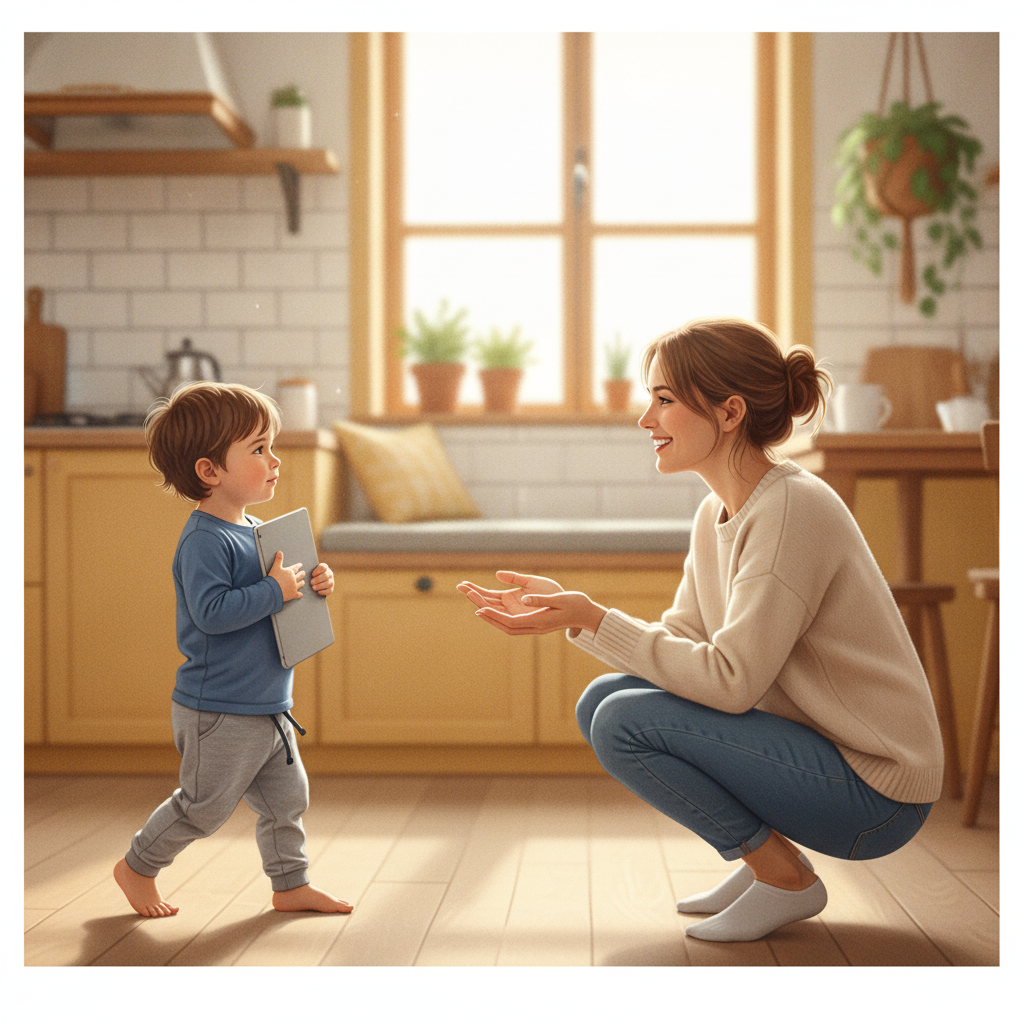 Bé tạm dừng thiết bị và chạy đến kể với ba mẹ khi thấy điều gì đó lạ