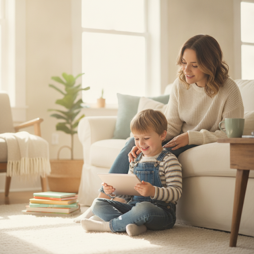 Bé dùng máy tính bảng trong thời gian ngắn có ba mẹ bên cạnh