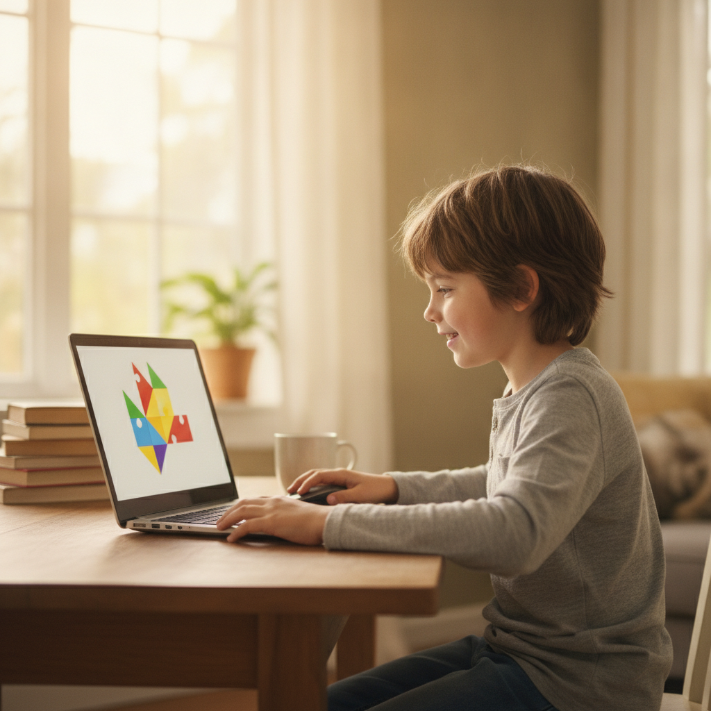 Bé lớn hơn giải game xếp hình trên laptop