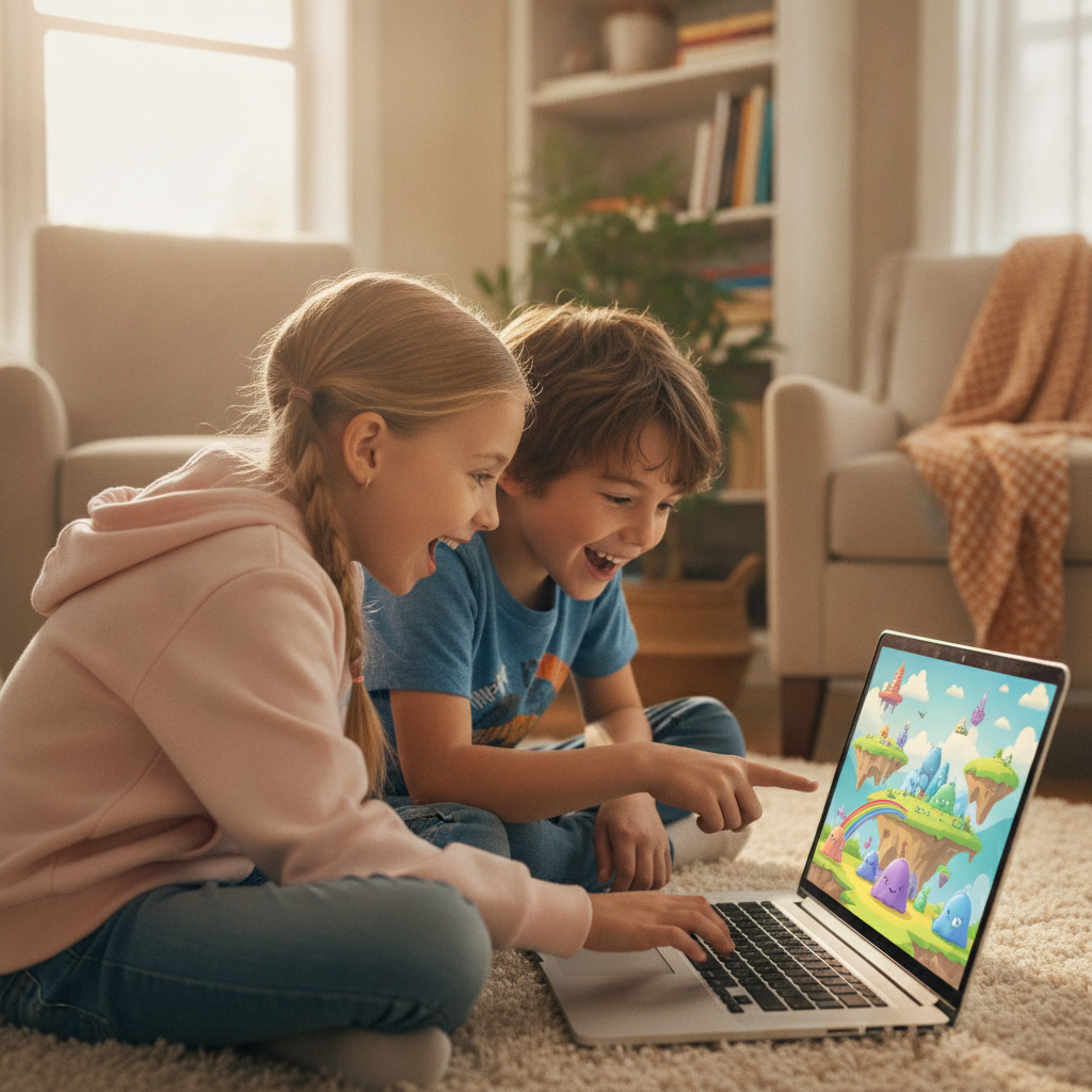Hai anh em thay phiên chơi game miễn phí trên máy tính, chơi cùng nhau