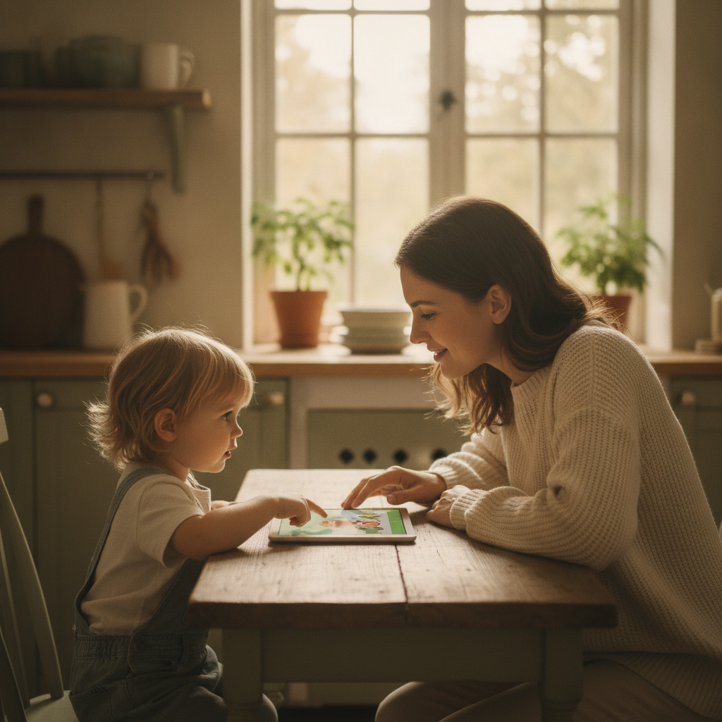 A parent and child pausing the screen together and talking about what appeared on the device