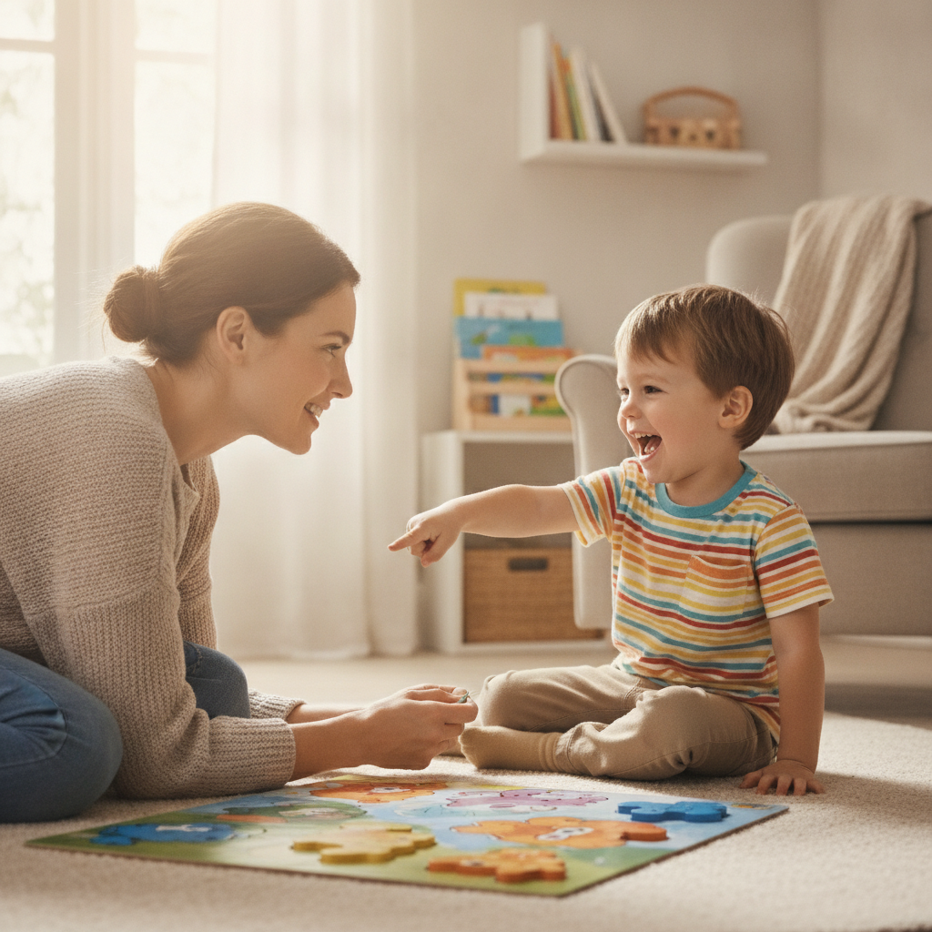 A child leads a simple game while the parent watches and cheers - letting your child take the lead
