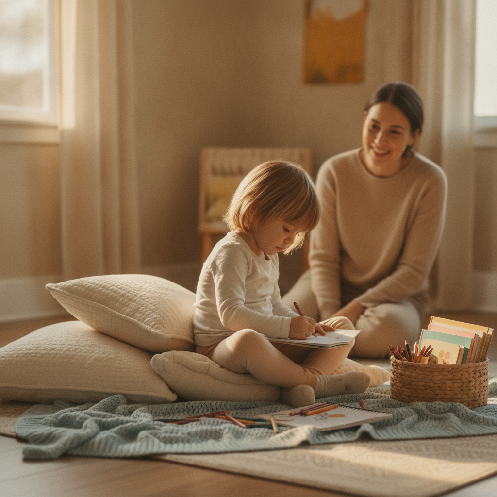 A cozy calm-down corner with soft cushions, picture books and crayons; a child colors gently after settling down
