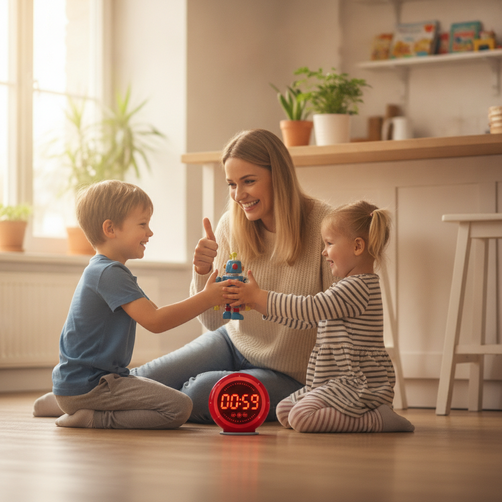Two siblings using a timer to take turns during play, one child happily handing a toy to the other