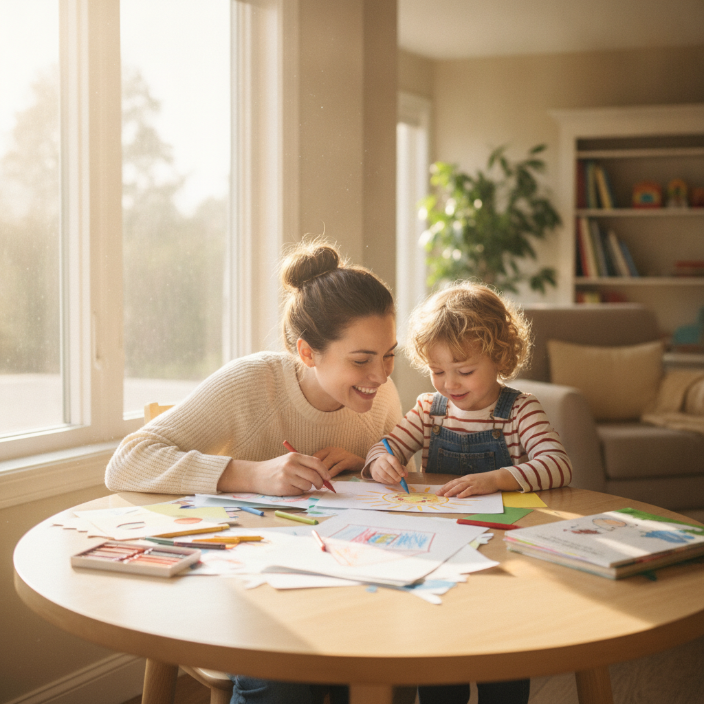A parent and child coloring happily by a sunny window during the day