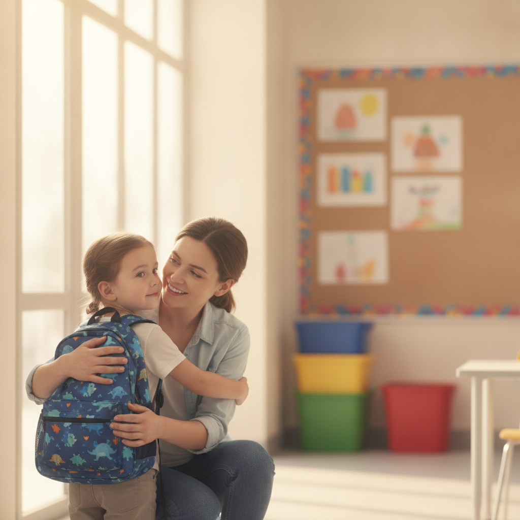 A parent and young child sharing a warm goodbye hug at the classroom door to ease first day of school nerves