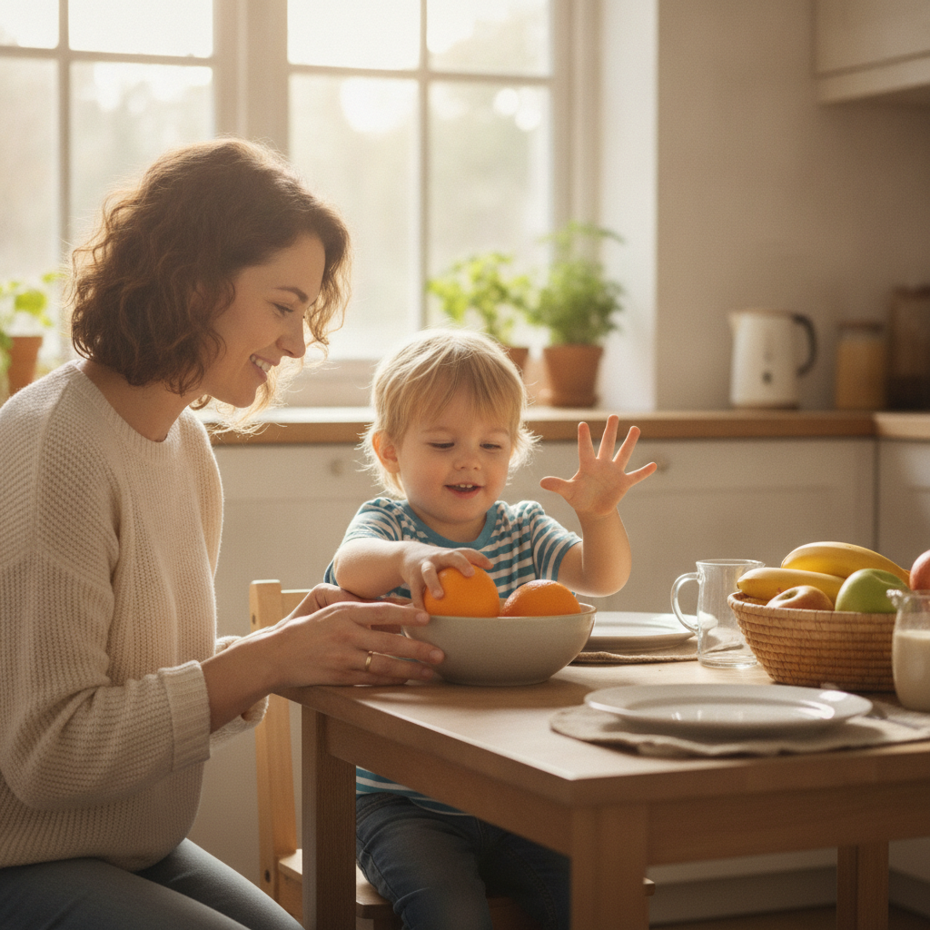 A child counting fruit with a parent in the kitchen — learning math through everyday life