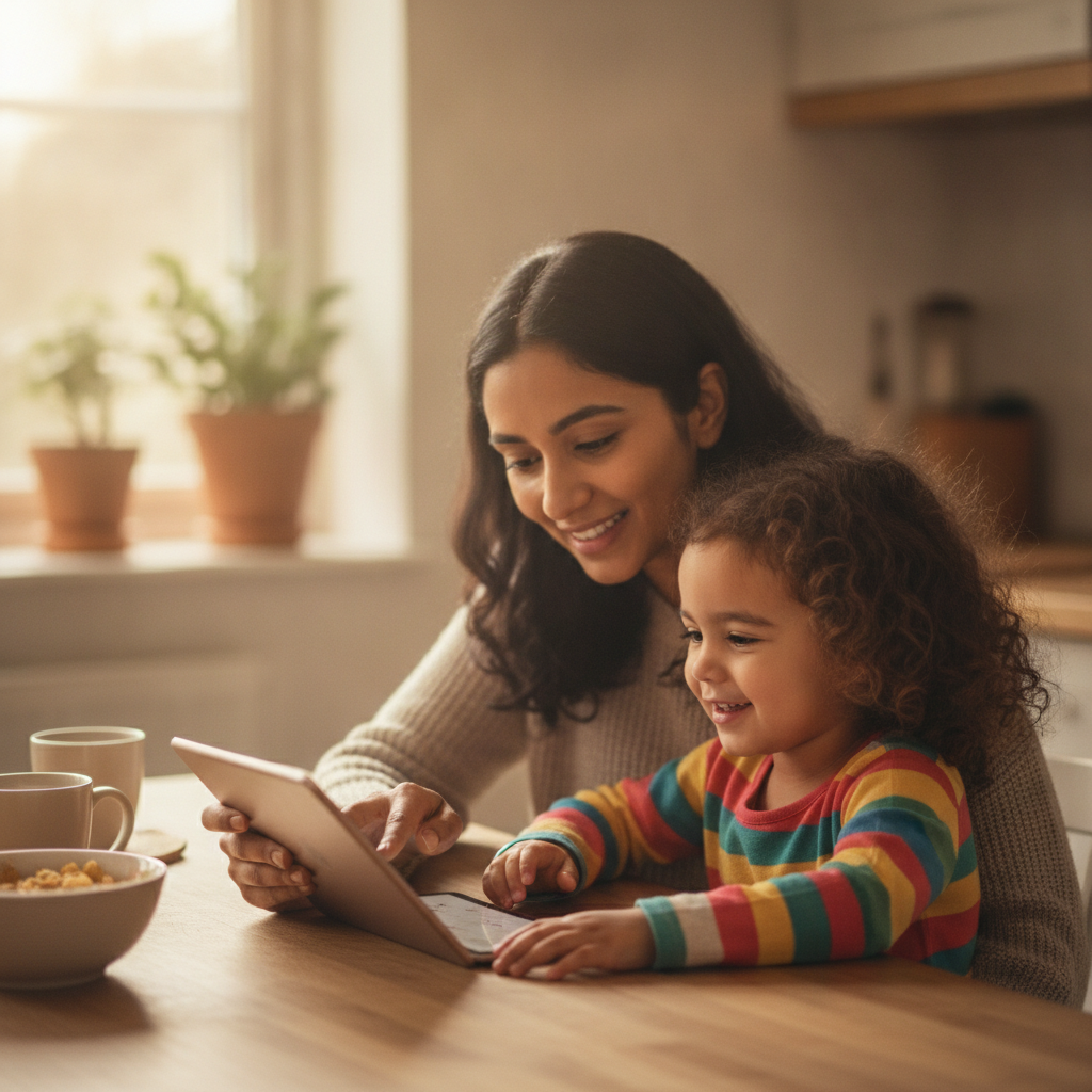 A parent guiding a young child to use a tablet safely at the kitchen table