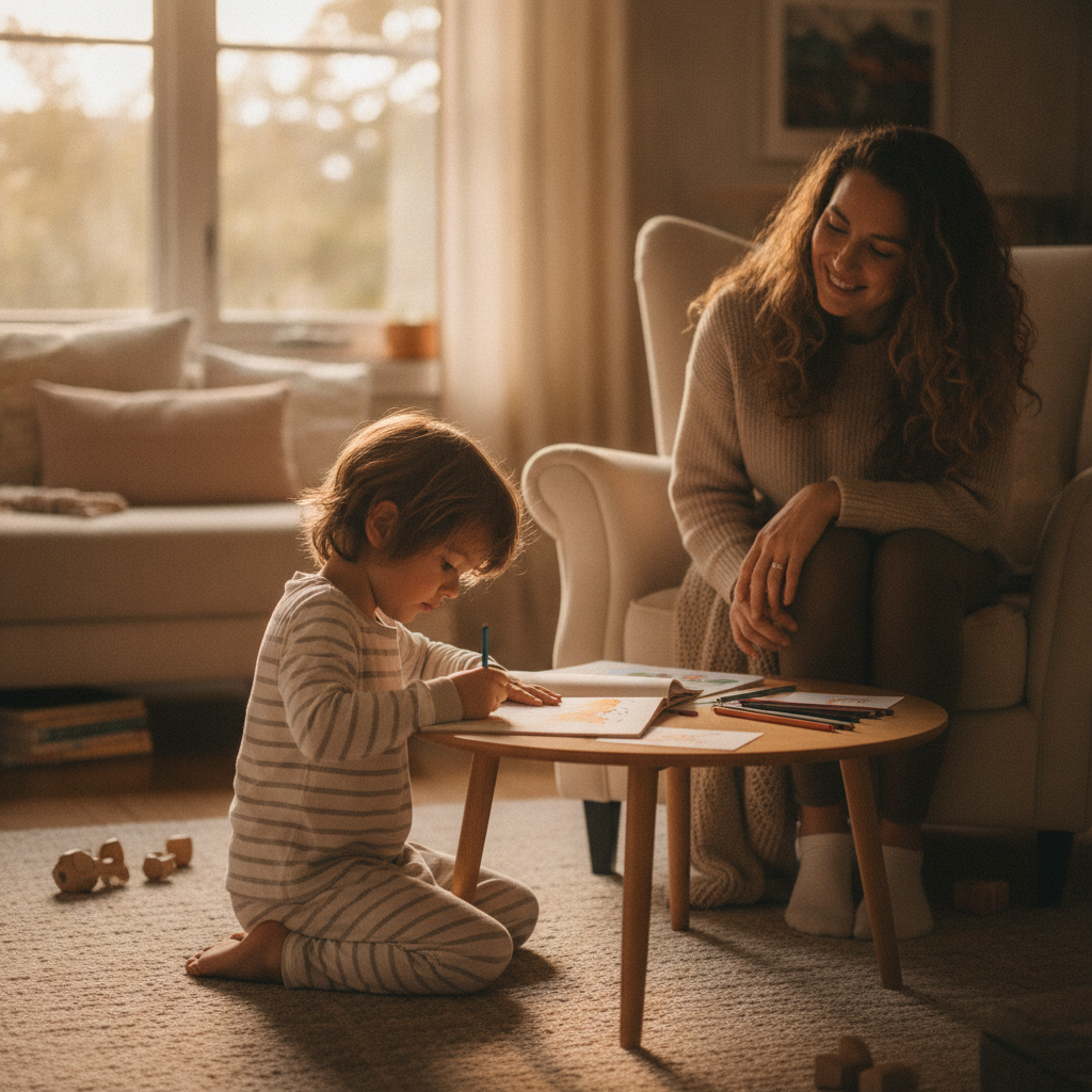 A preschool child colouring calmly at a low table in warm evening light, a quiet pre-bedtime activity