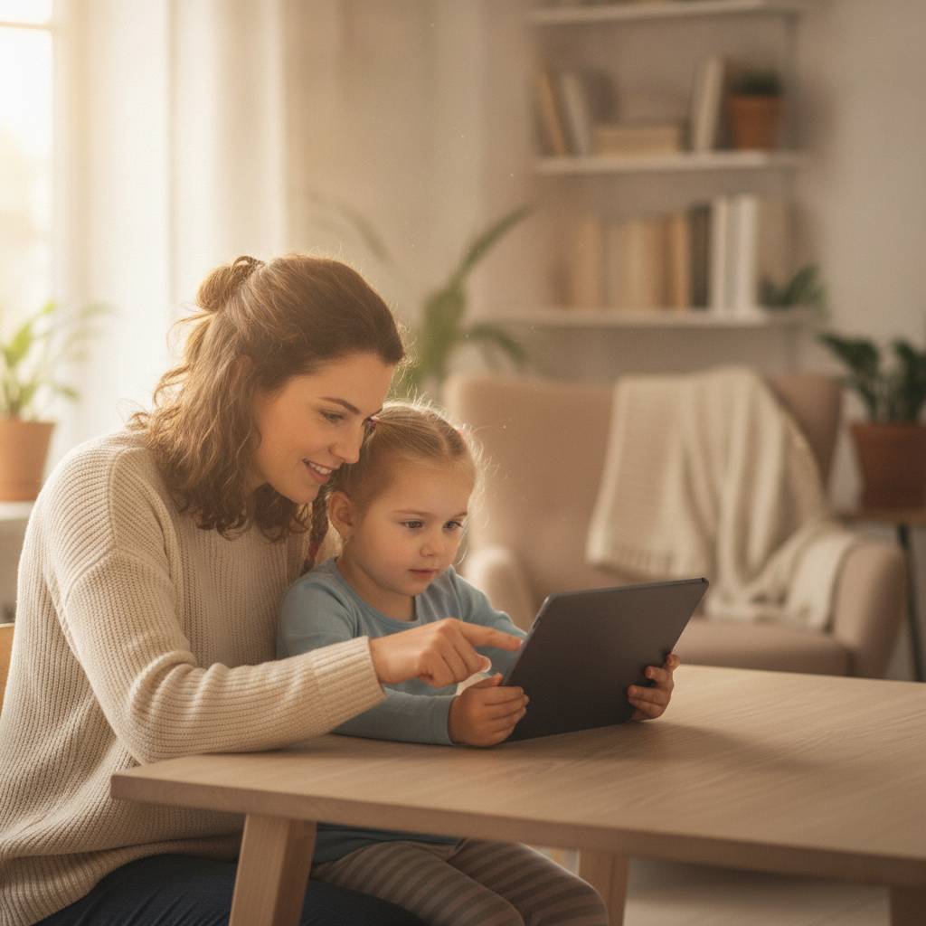 A parent and young child practicing a simple habit together on a tablet