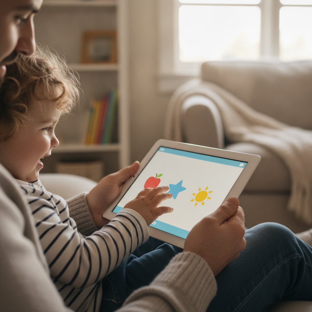A young child on a parent's lap looking at a kid-friendly tablet screen together