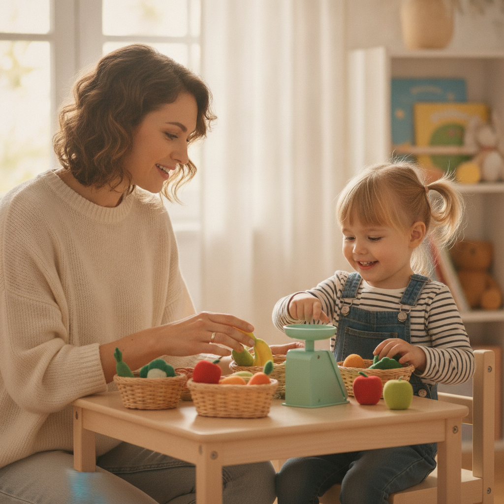 A parent following their child's lead in a pretend grocery-store sorting game