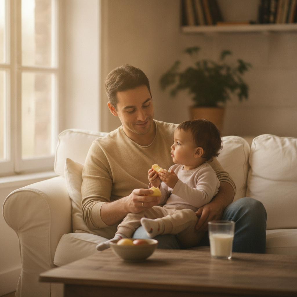 A parent and young child share a calm after-school snack together on the sofa, a soothing moment to decompress