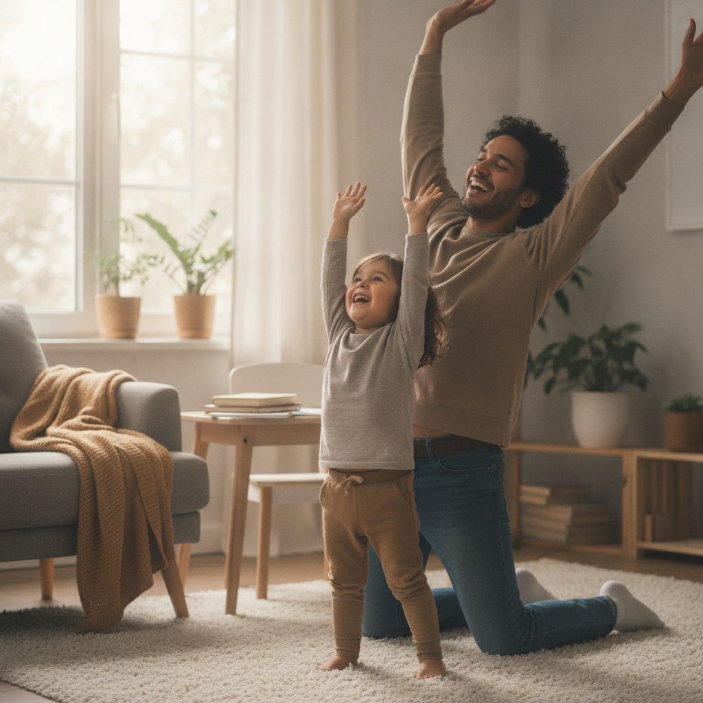 A parent and young child take a happy movement break together during study time