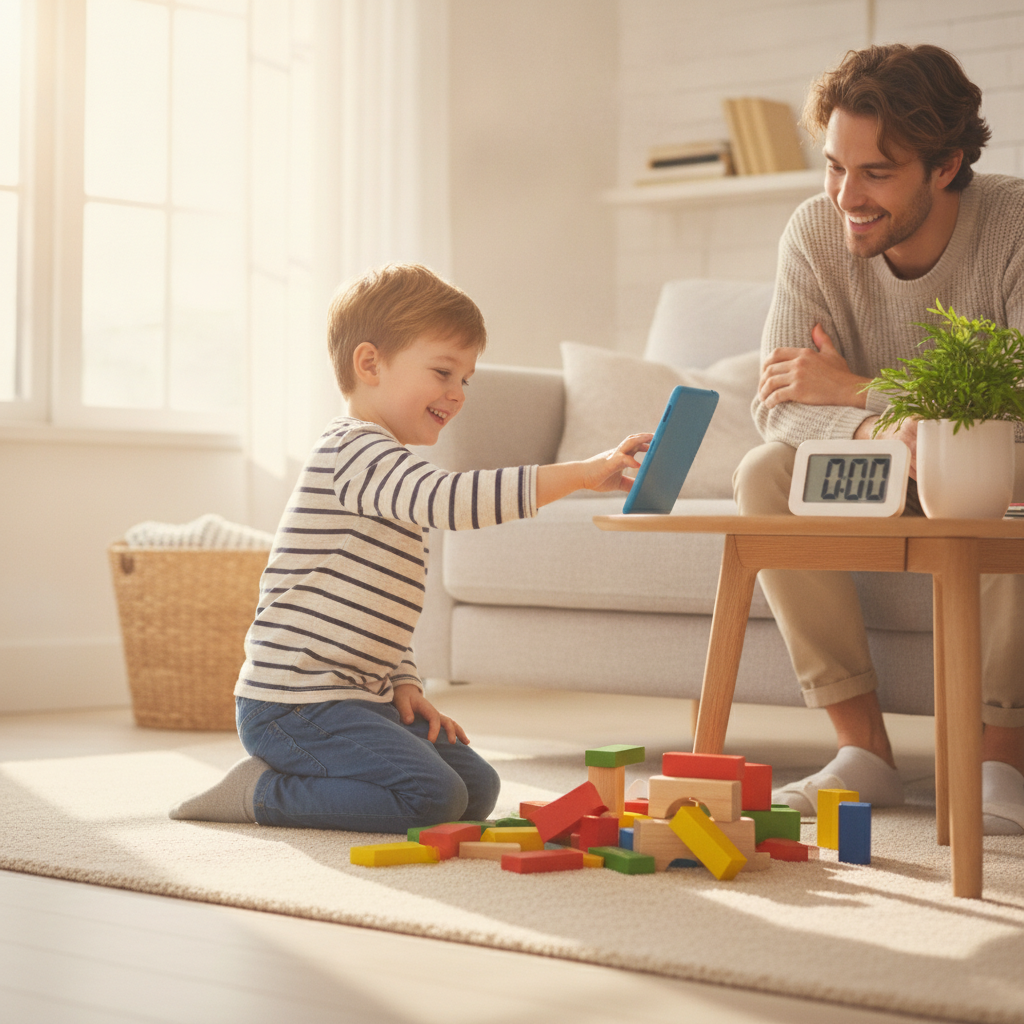 A child moving from a short tablet session to playing with wooden blocks, a timer on the table