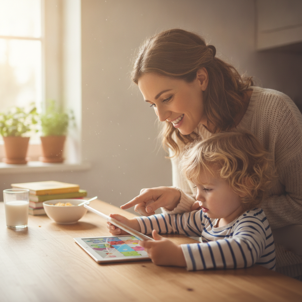 A mother sitting beside her preschool child playing a game on a tablet, talking together