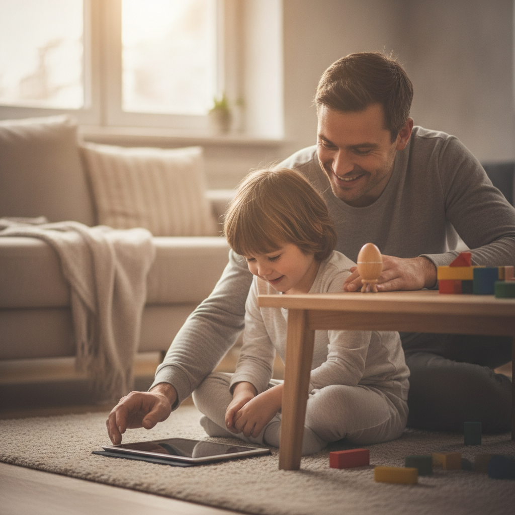 A father gently setting a timer beside his child after play, relaxed mood