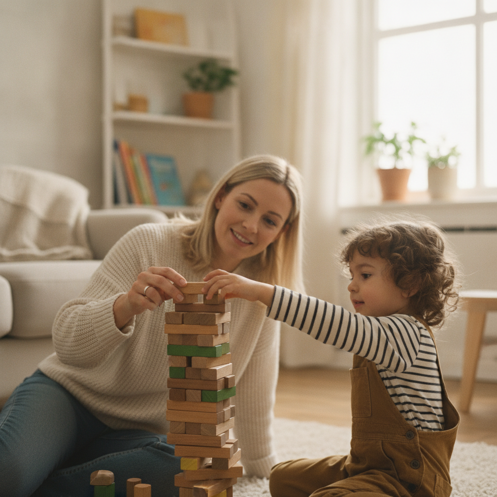 A parent and child building a block tower together, cooperating instead of competing
