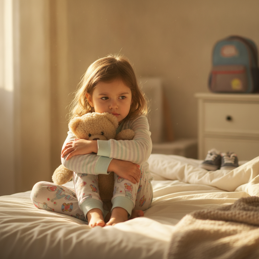 A worried child hugging her knees in the morning, reluctant to get ready for school