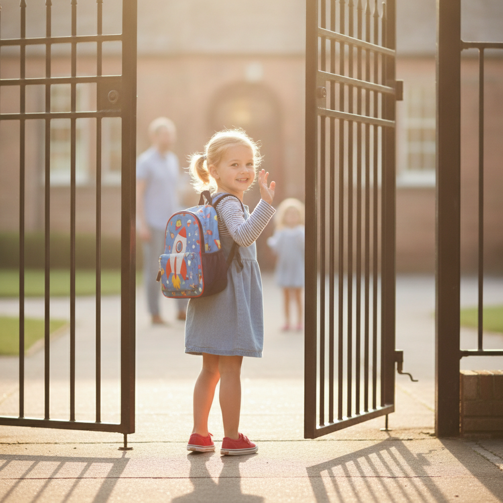 A child smiling and confidently walking through the school gate, waving goodbye