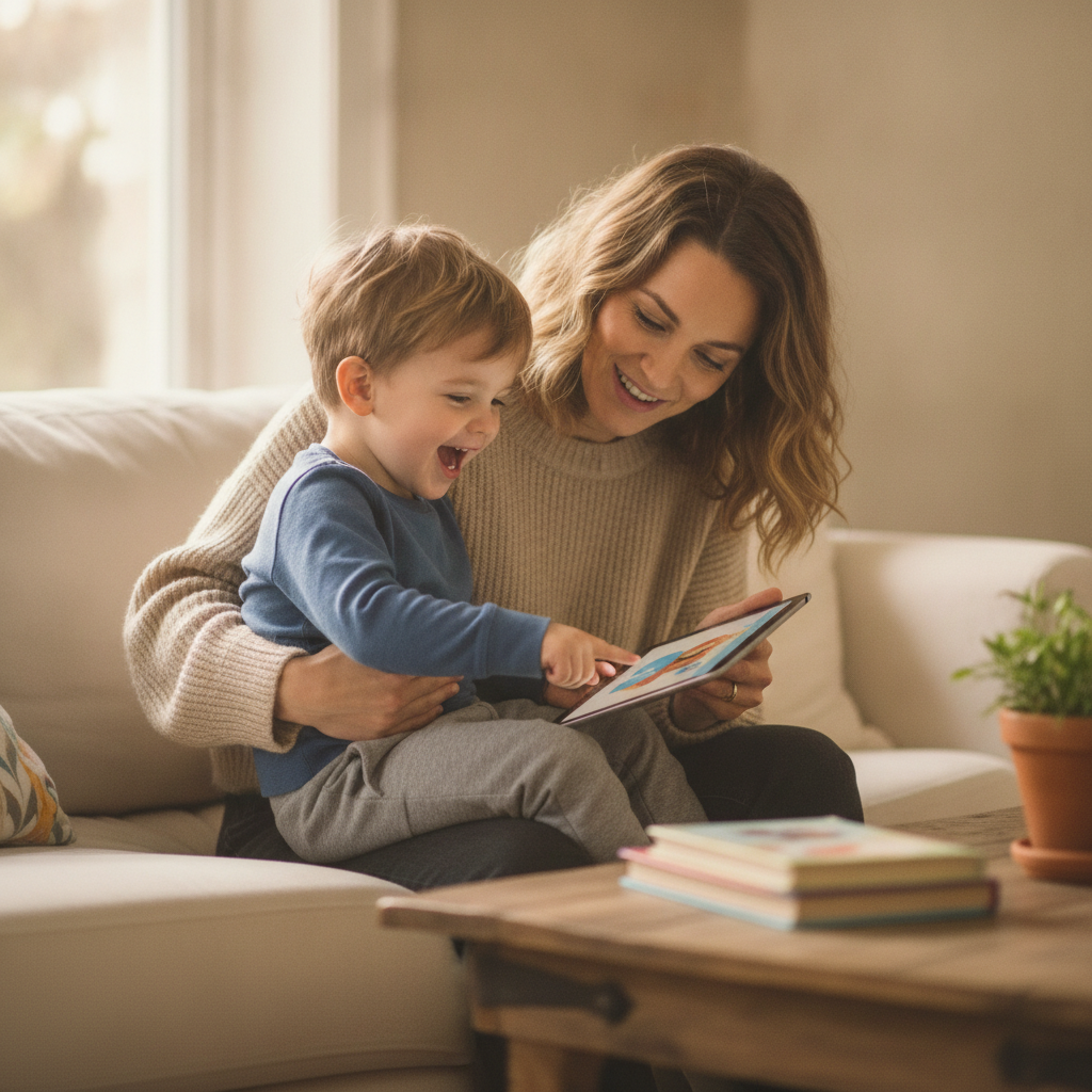A parent and child playing a gentle game together on a tablet at home