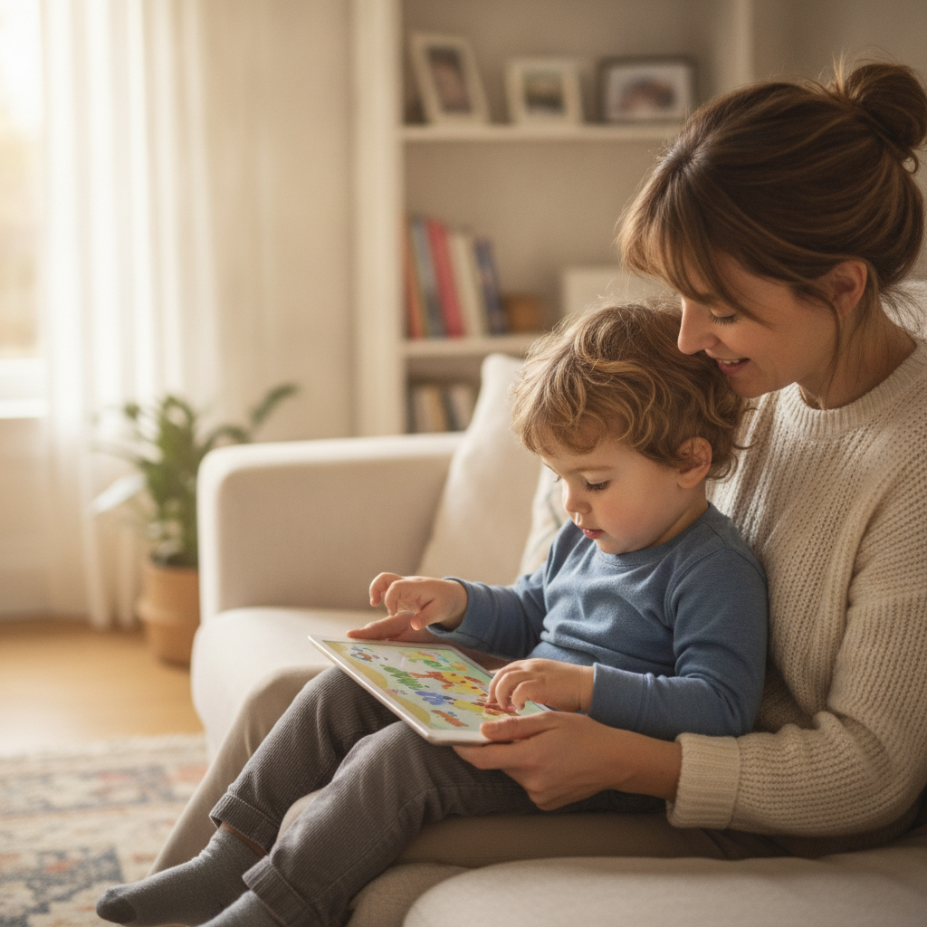 A parent sitting beside their child on the sofa as the child plays a gentle puzzle on a tablet