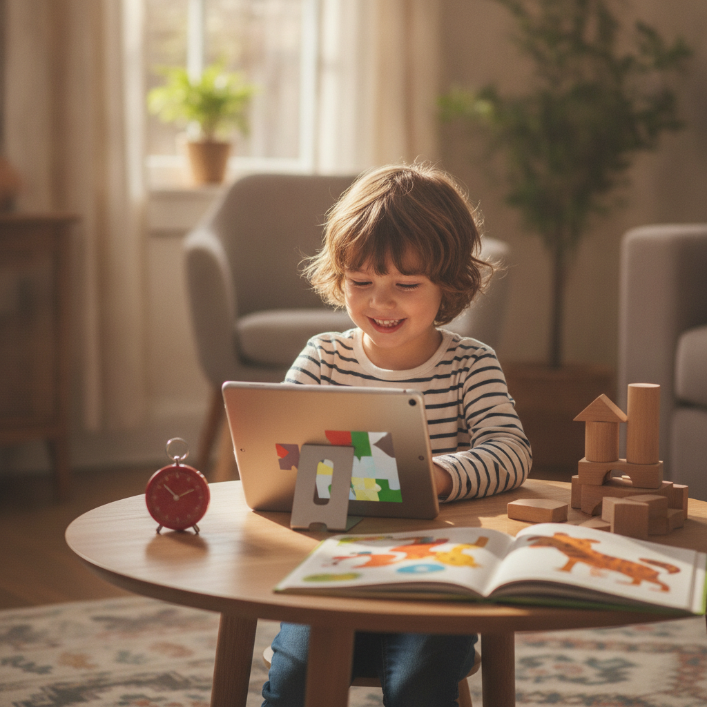 A child playing for ten minutes with a timer beside the tablet, blocks and a book ready for off-screen play