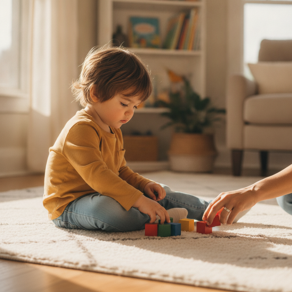 A four-year-old sorting coloured blocks by colour on the floor with a parent nearby