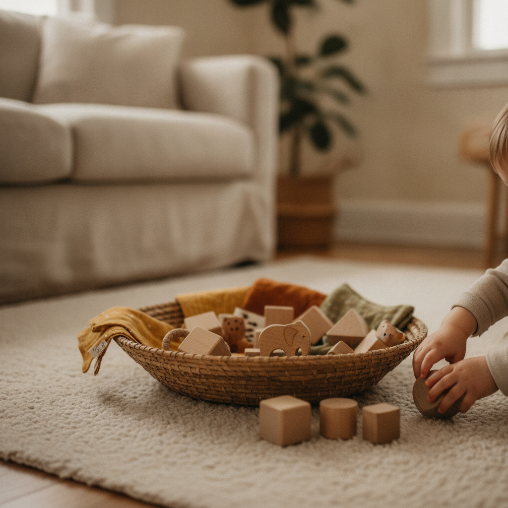 A basket of open-ended toys set out on a rug with a child's hand reaching in