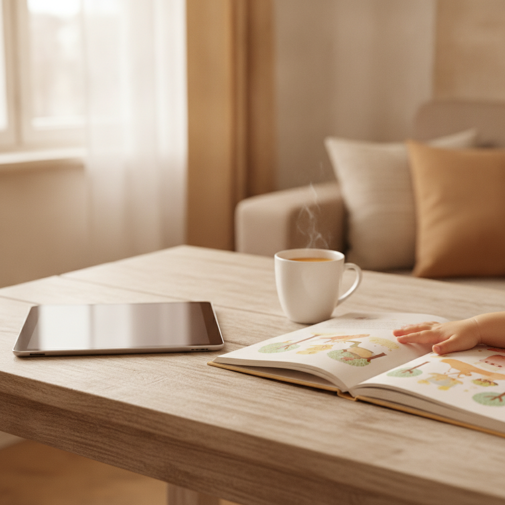 A tablet lying face down on a table beside an open picture book