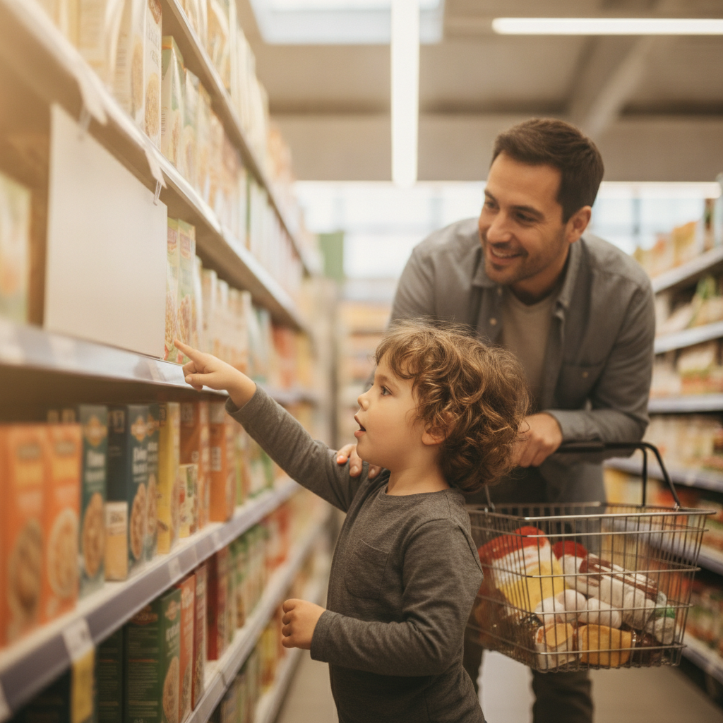 A child pointing at a shelf label in a shop, reading the word out loud, with a parent watching