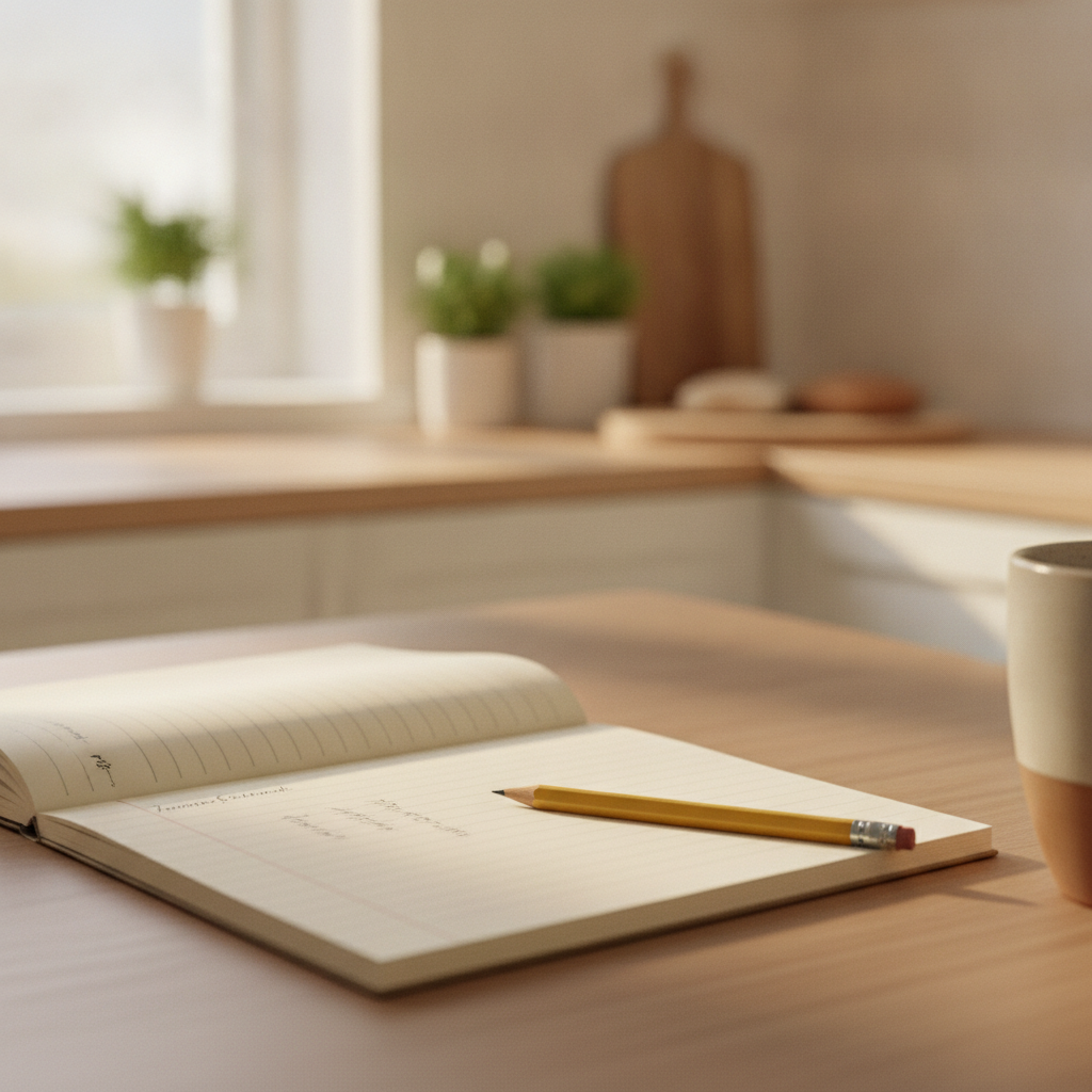 An open notebook on a kitchen table with a few short dated lines, used to track a child's progress week by week