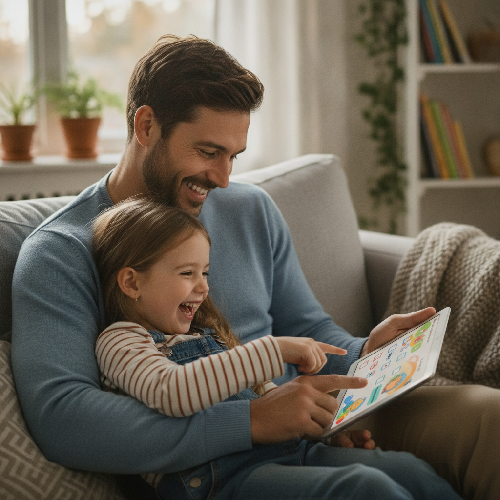 A father and daughter play a quiz game together on a tablet