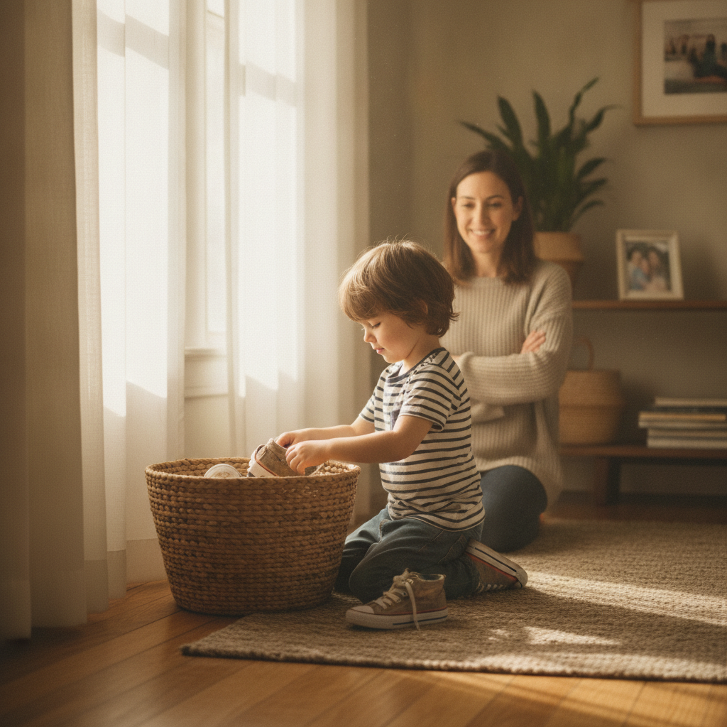 A young child putting their shoes into a basket by the front door while a parent waits nearby and lets them finish the first step