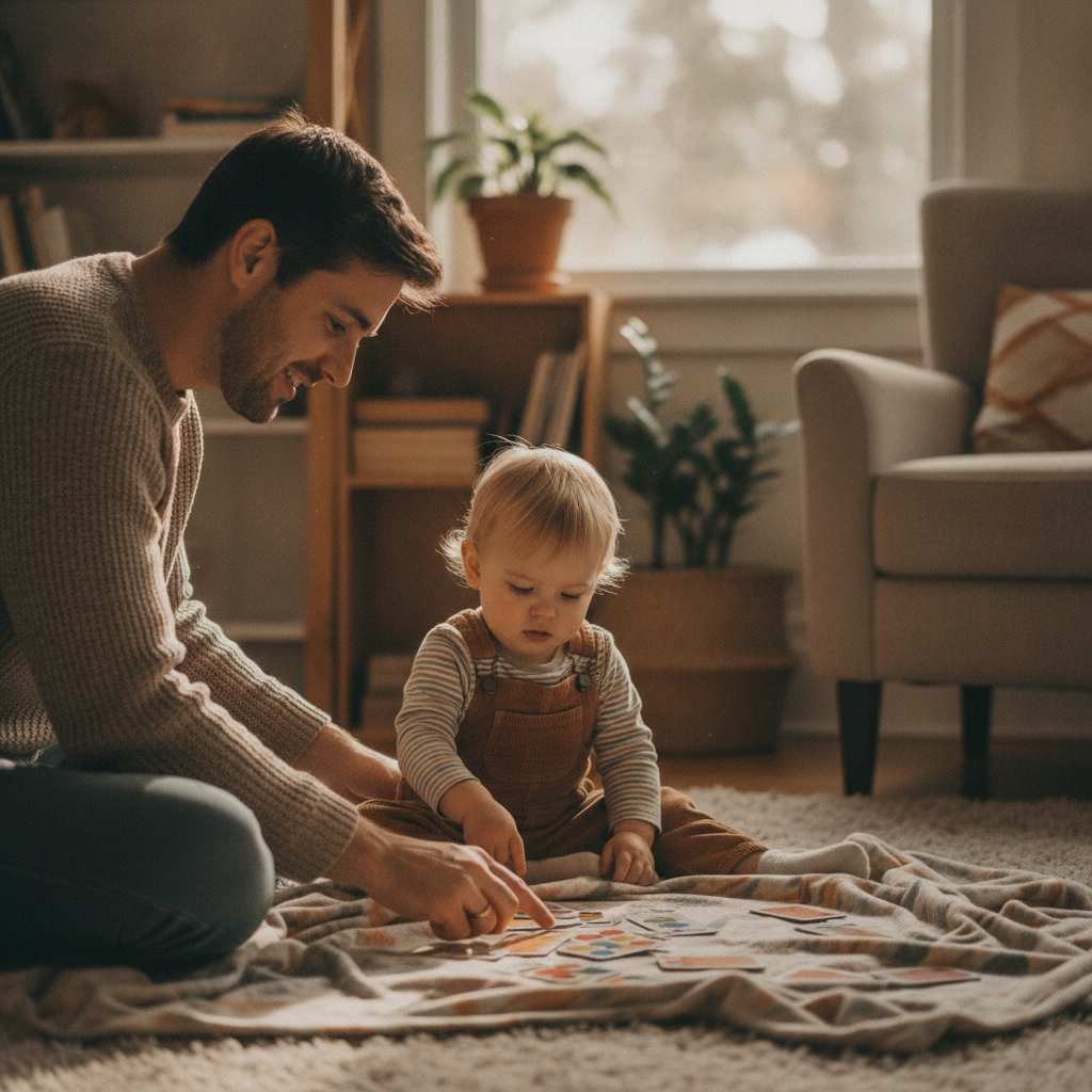 A parent sitting on the floor with their child, playing a calm puzzle game together in warm afternoon light