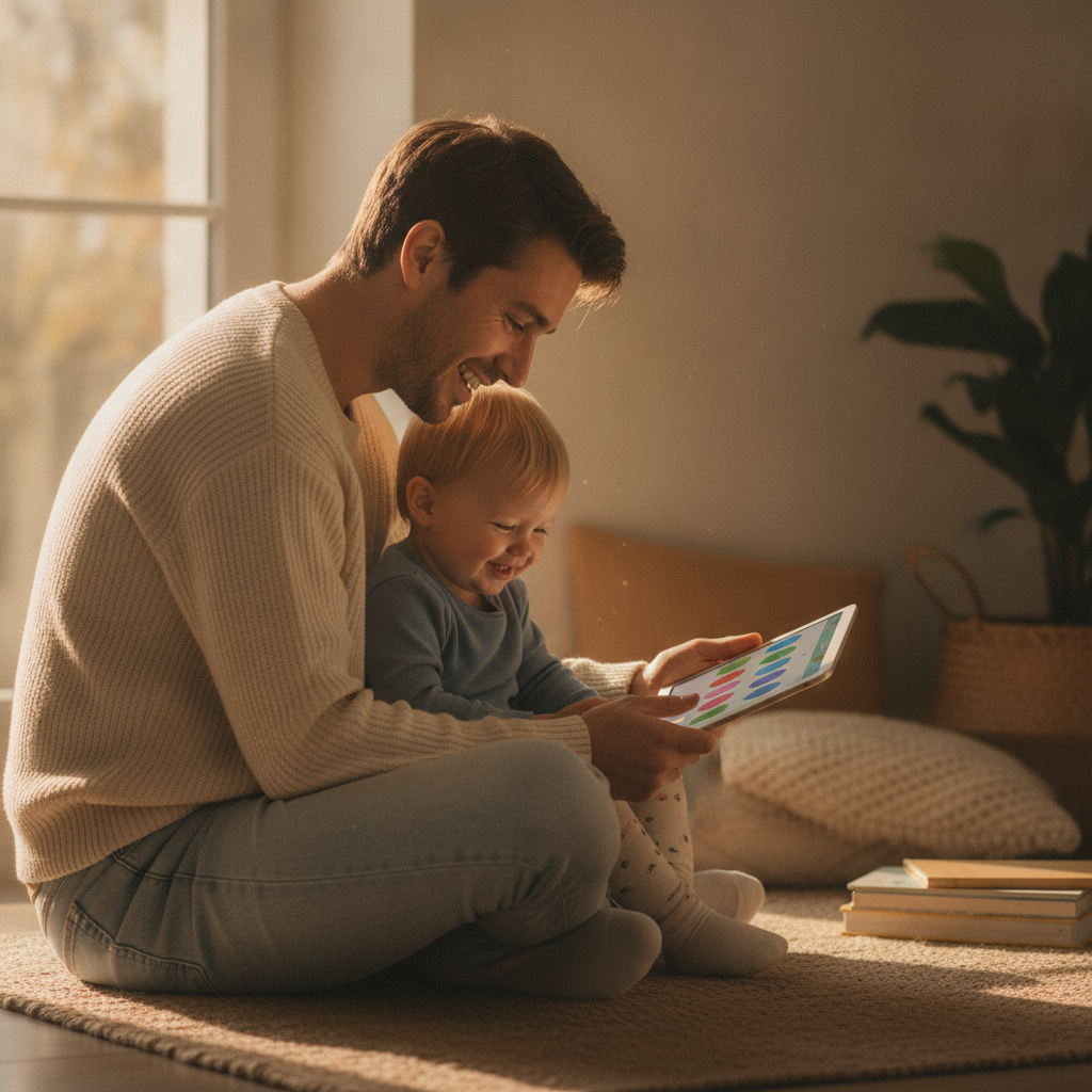 A parent sitting on the floor with their young child, playing a color-matching game together on a tablet in warm afternoon light