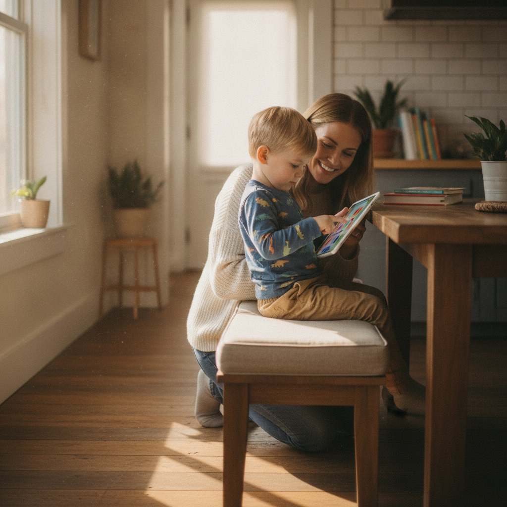 A mother sitting beside her young son playing a color-matching game on a tablet at the kitchen table, soft morning light