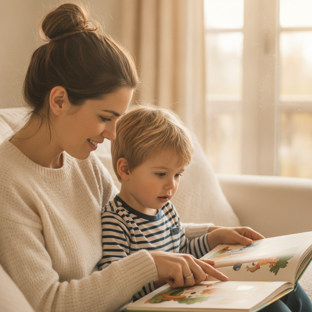 A mother and her 4-year-old son reading a picture book together on a sofa in warm afternoon light
