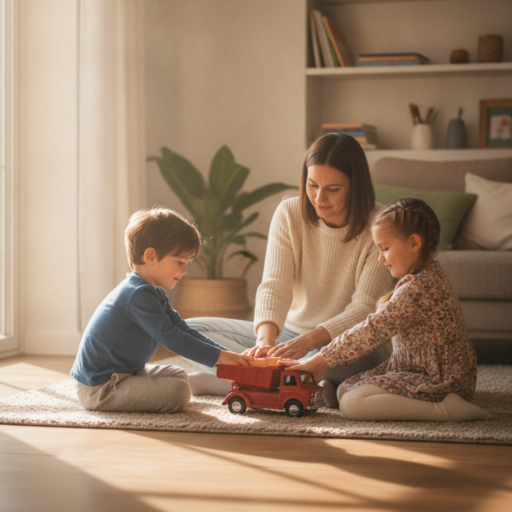 A parent sitting between two young children, taking turns playing with a shared toy, warm afternoon light