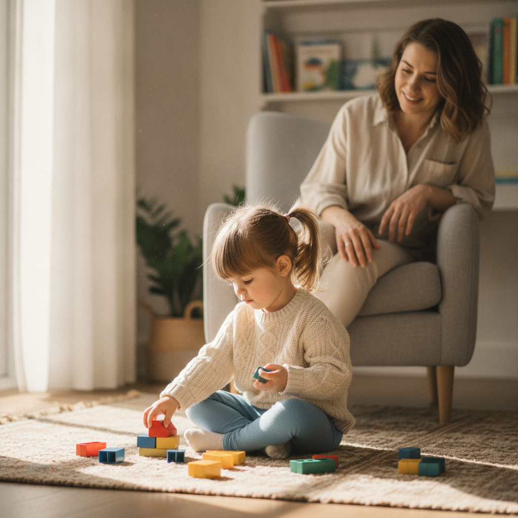 A 5-year-old girl sorting colorful building blocks by color on a rug, her mother sitting nearby watching, natural daylight