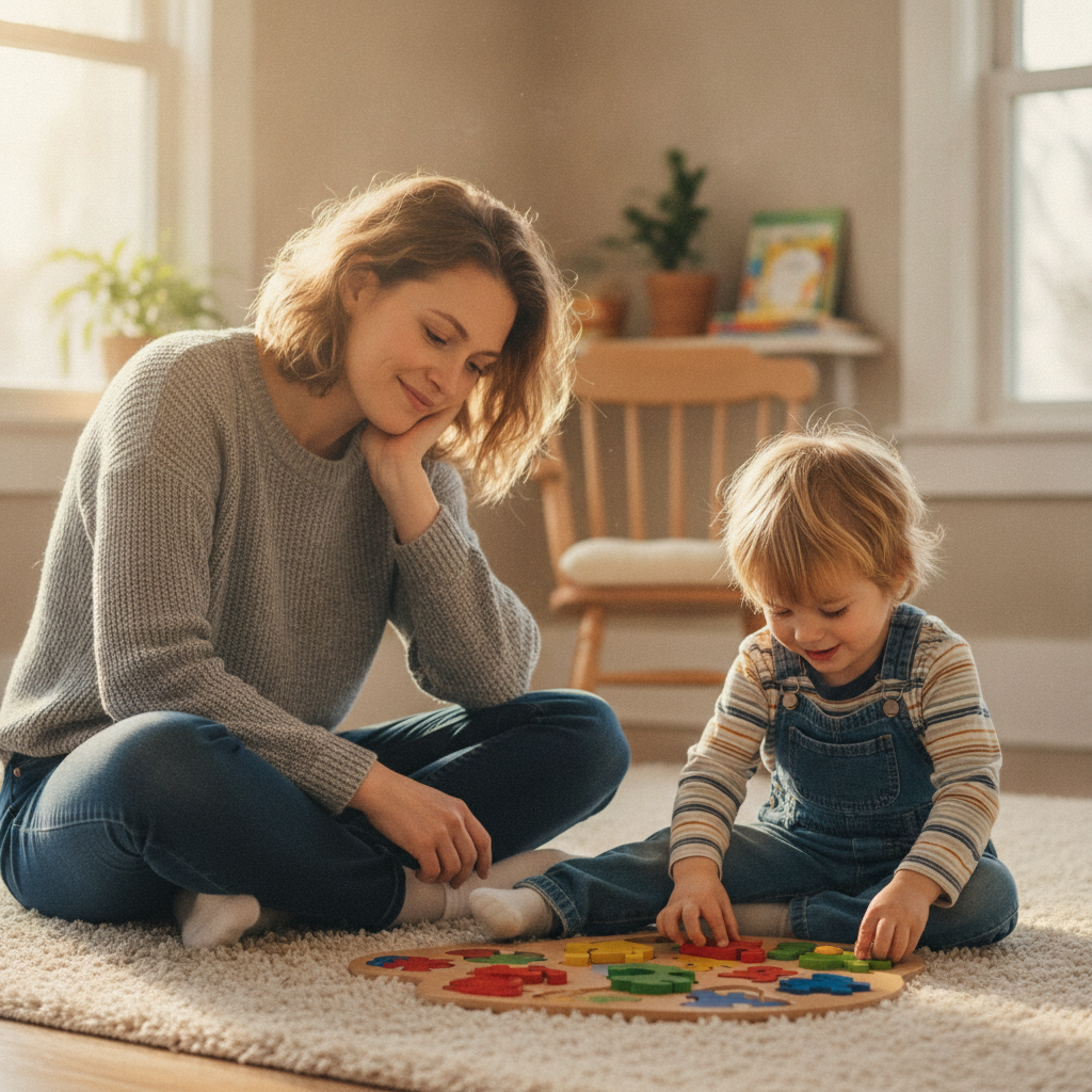 A tired mother sitting on the floor, smiling gently as her 4-year-old son arranges colorful puzzle pieces, warm afternoon light