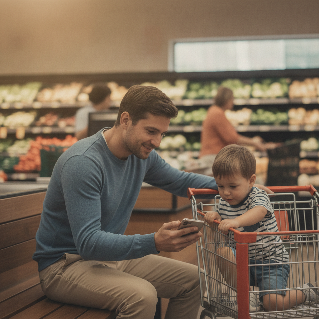 A father sitting beside a shopping cart, showing his 5-year-old son a phone while waiting, warm light, quiet mood