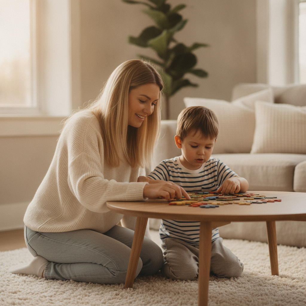 A parent sitting beside their child, trying again together after a puzzle didn't work out the first time, warm living room light