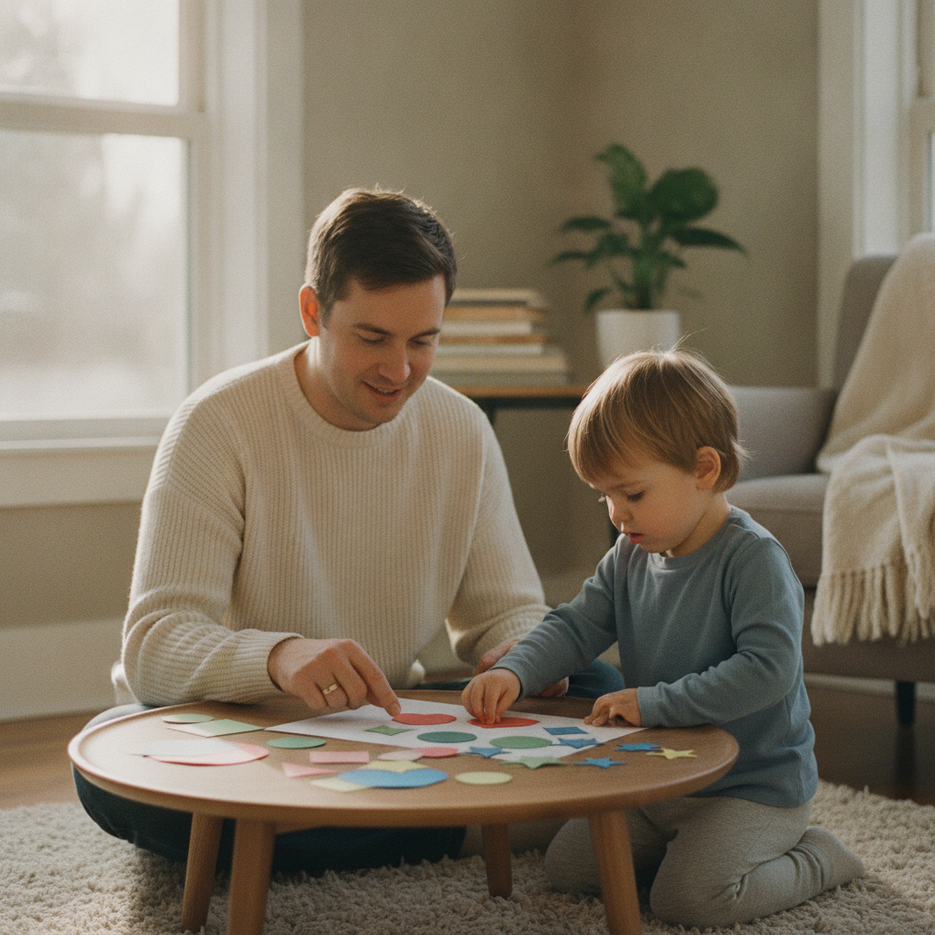 A parent sitting beside their child on the floor, the child arranging colorful paper shapes into a picture, the parent smiling and watching